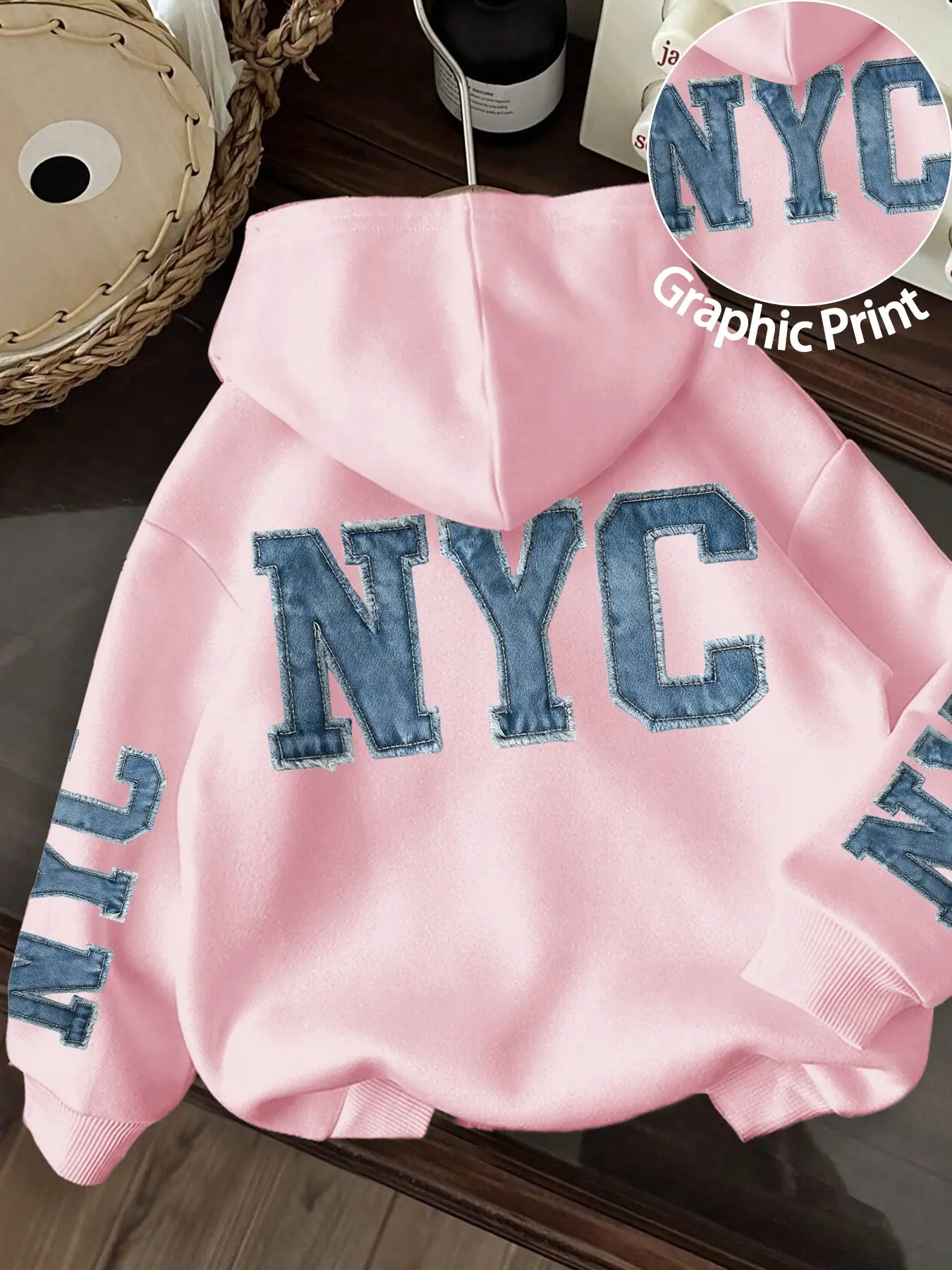 Women's Pink NYC Denim Letter Print Hoodie, Long Sleeve Drawstring Pullover, Vintage Streetwear For Autumn and Winter