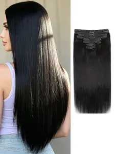 8 Pcs  Human Hair Clip-In Extensions with 18 Clips, Natural Black #1B, 14-28 Inch Straight Double Weft, Fit All Hair Types & Scalps, Add Volume & Length, Instant Hairstyle.