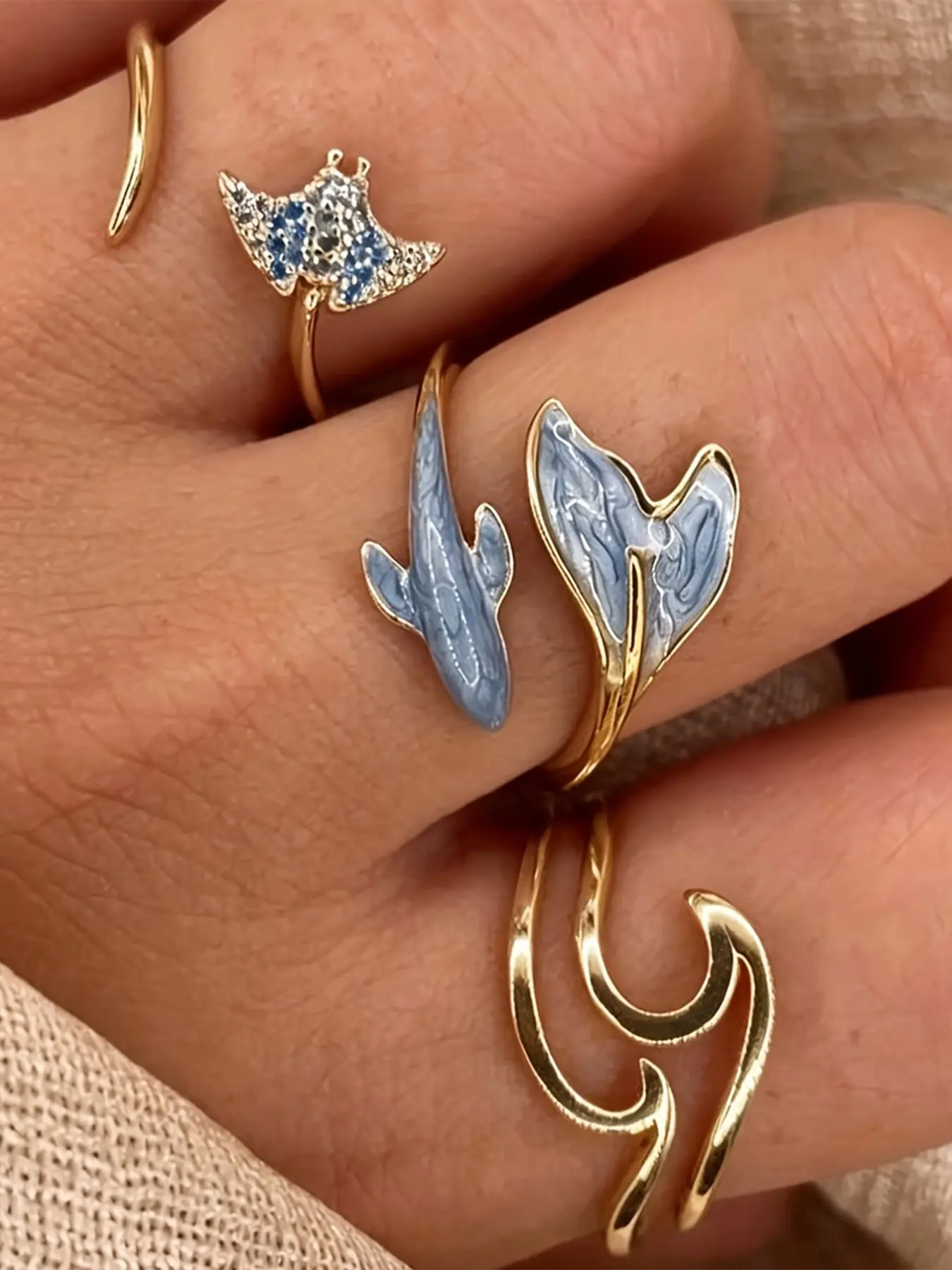 3 Piece Ocean Style Dolphin Tail Ring Set, Elegant Geometric Wave Design, Adjustable Open Ring, Perfect Gift for Daily Wear