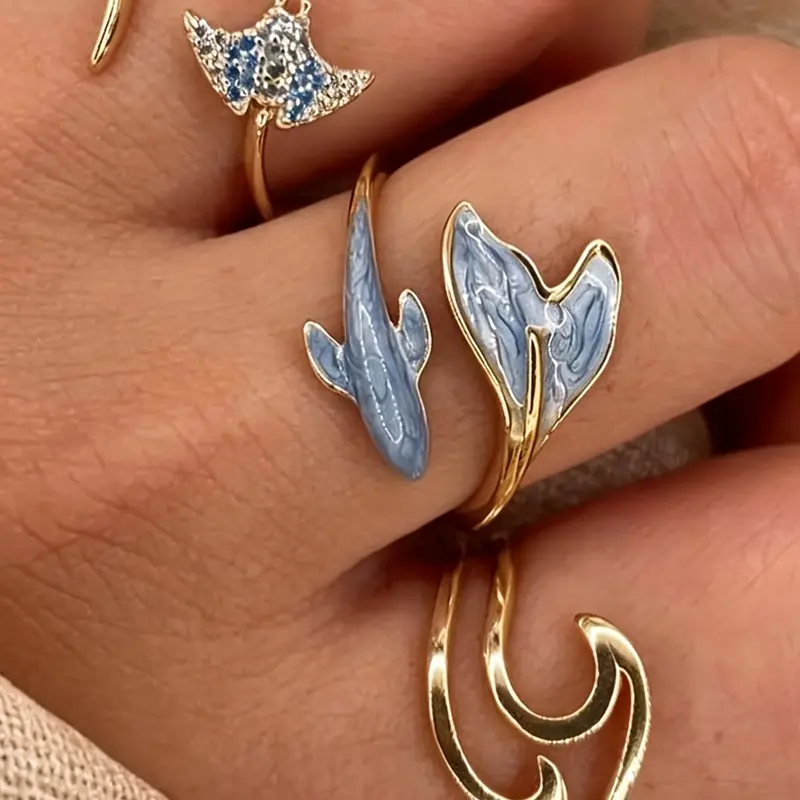 3 Piece Ocean Style Dolphin Tail Ring Set, Elegant Geometric Wave Design, Adjustable Open Ring, Beautiful Rings, Perfect Gift for Daily Wear