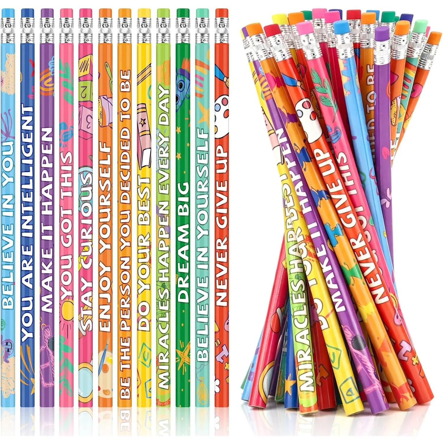 48 count Motivational Pencils for Students, 12 Styles Inspirational Pencils with Erasers Bulk, Colorful Pencil for Classroom Rewards, Gifts for , School Supplies for Girls Boys