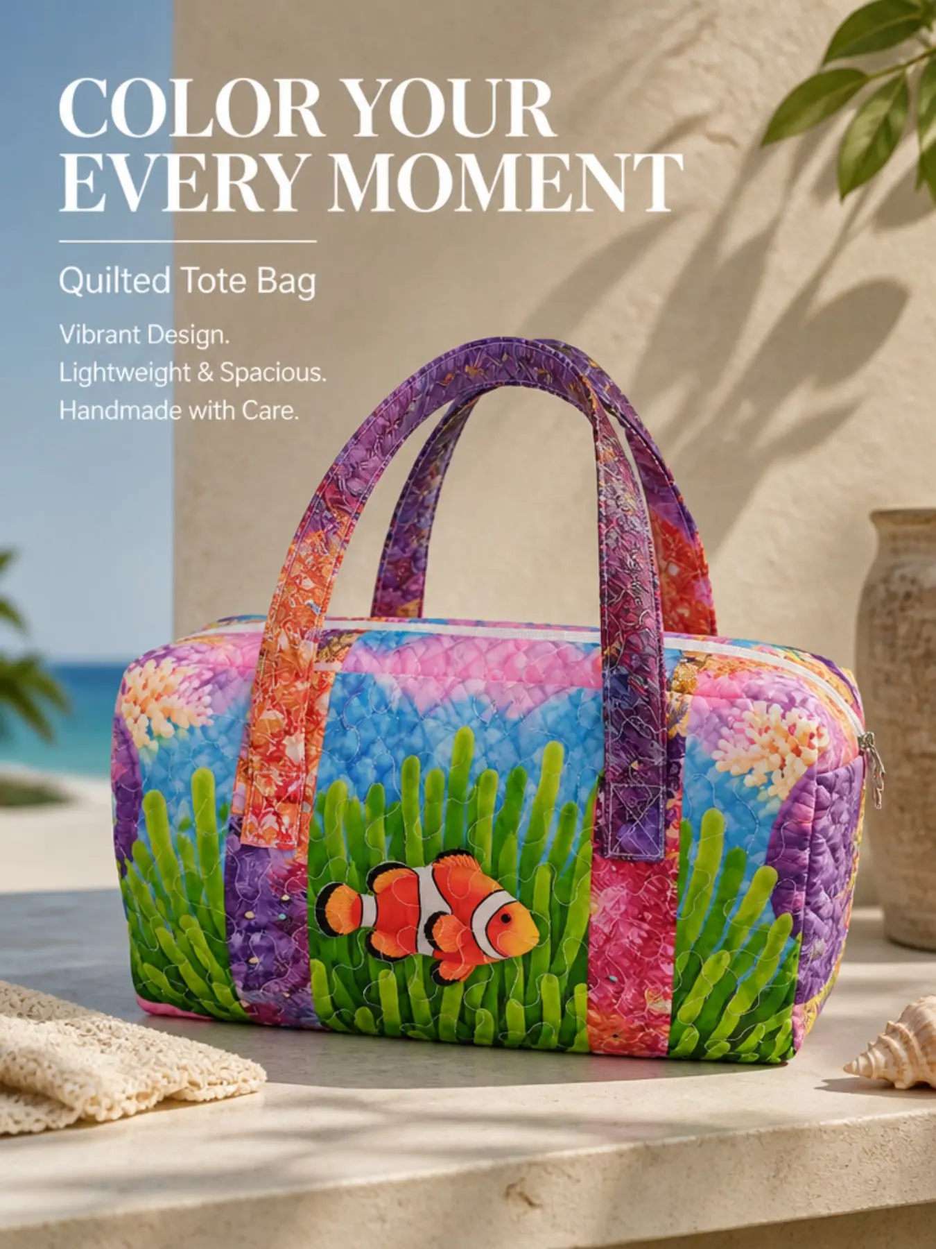 Tropical Coral Clownfish Print Quilted Handbag, Large Capacity Soft Quilted Weekend Travel Bag, Lightweight Overnight Fitness Luggage, Outdoor Trip Backpack