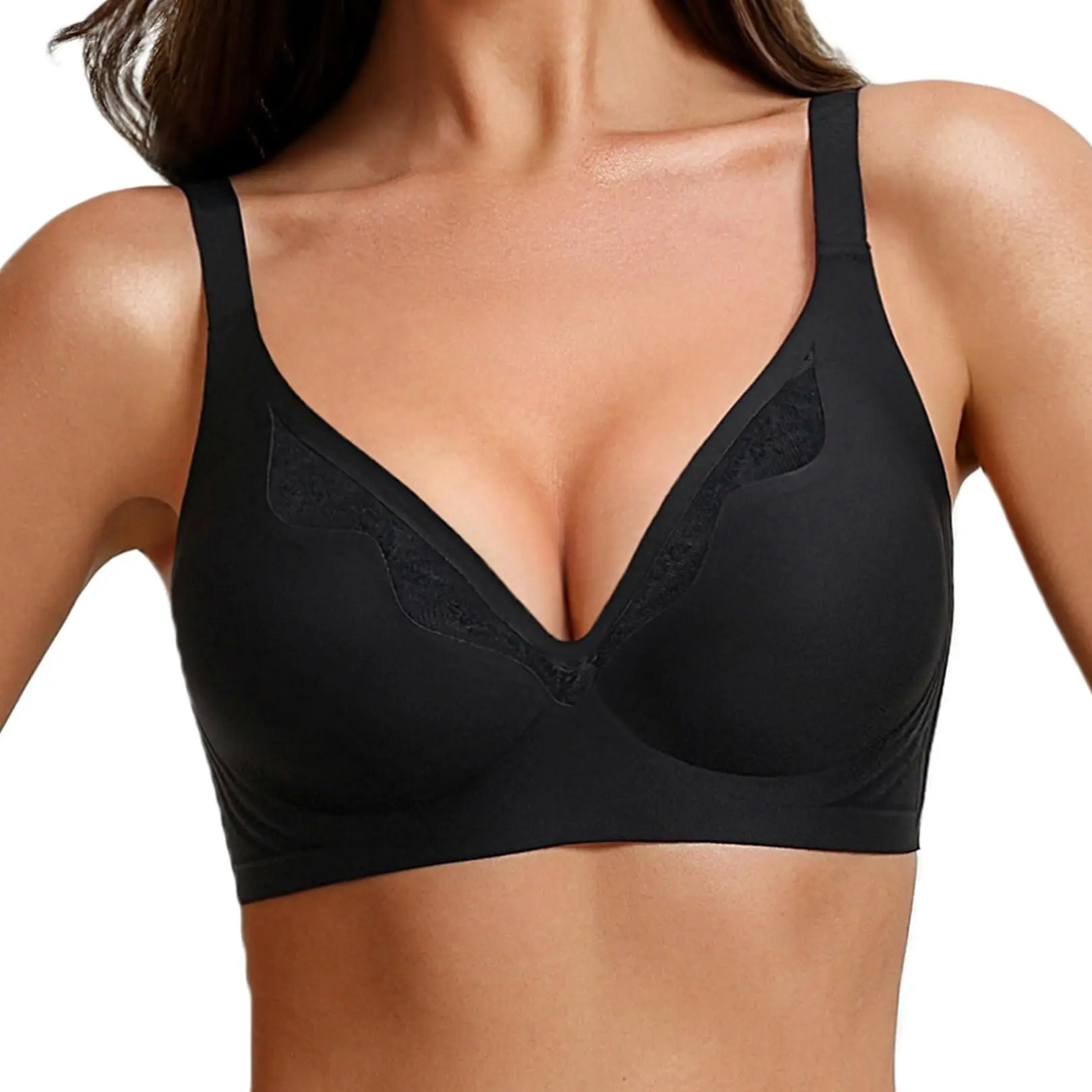 Showyoo Bras for Women No Underwire Seamless Bralette Full Coverage T-Shirt Bra with Lace Detail Womenswear Basic Minimalist Vneck