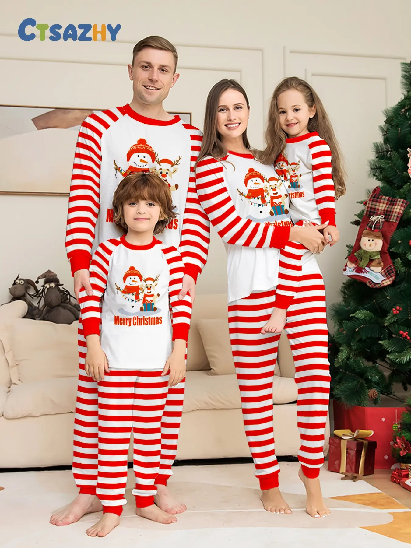 Red White Striped Raglan Sleeve Matching Family Christmas Pajama Set, Cartoon Snowman Merry Xmas Print Cuffed Loungewear, Soft Sleepwear for Adults Kids Couple, Holiday Matching Outfits for Family of 3 & 4