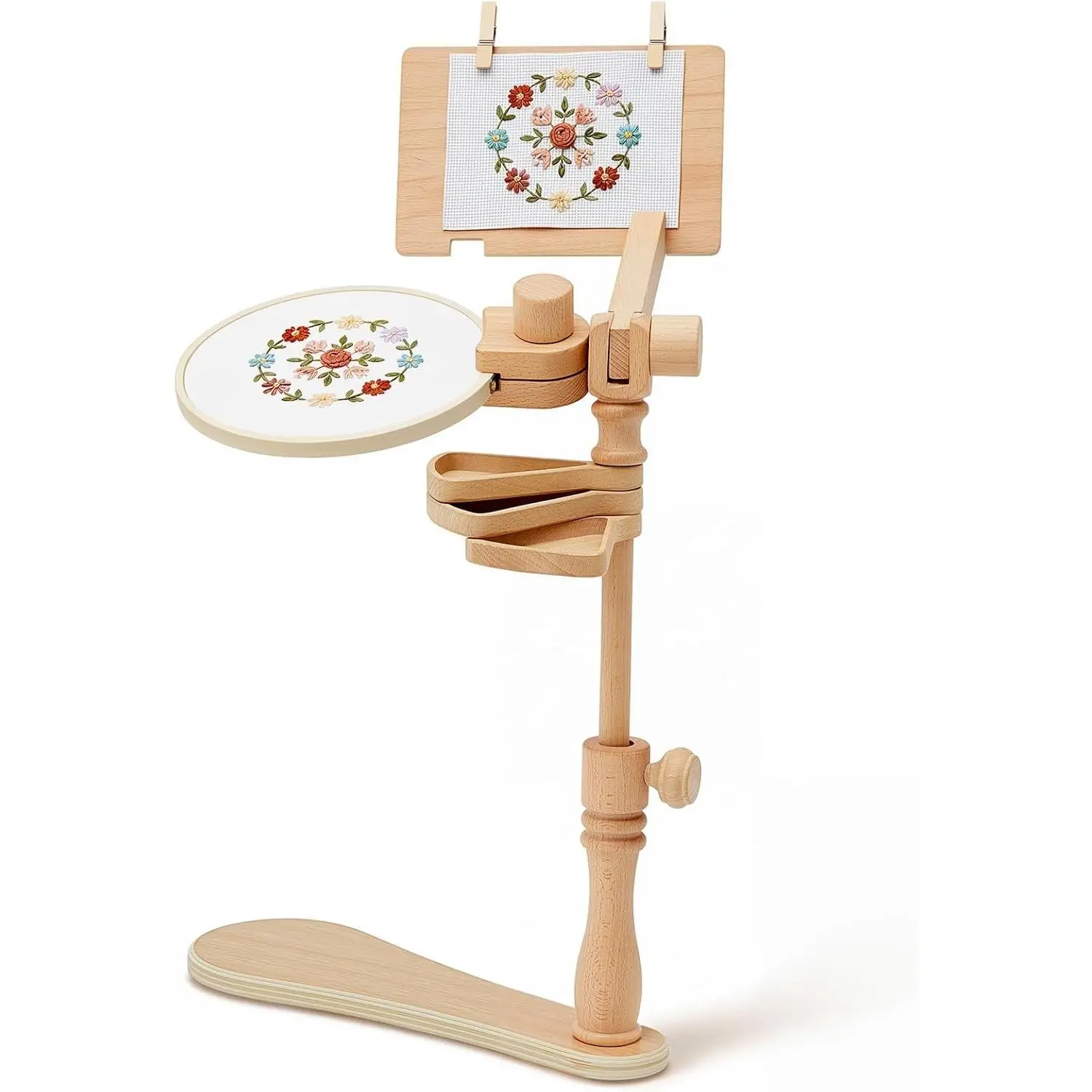 Embroidery Hoop Stand Adjustable Cross Stitch Stand Rotated Embroidery Holder with Storage Trays for Sitting Needlework Crafting and Sewing Projects(Hoop Not Included)