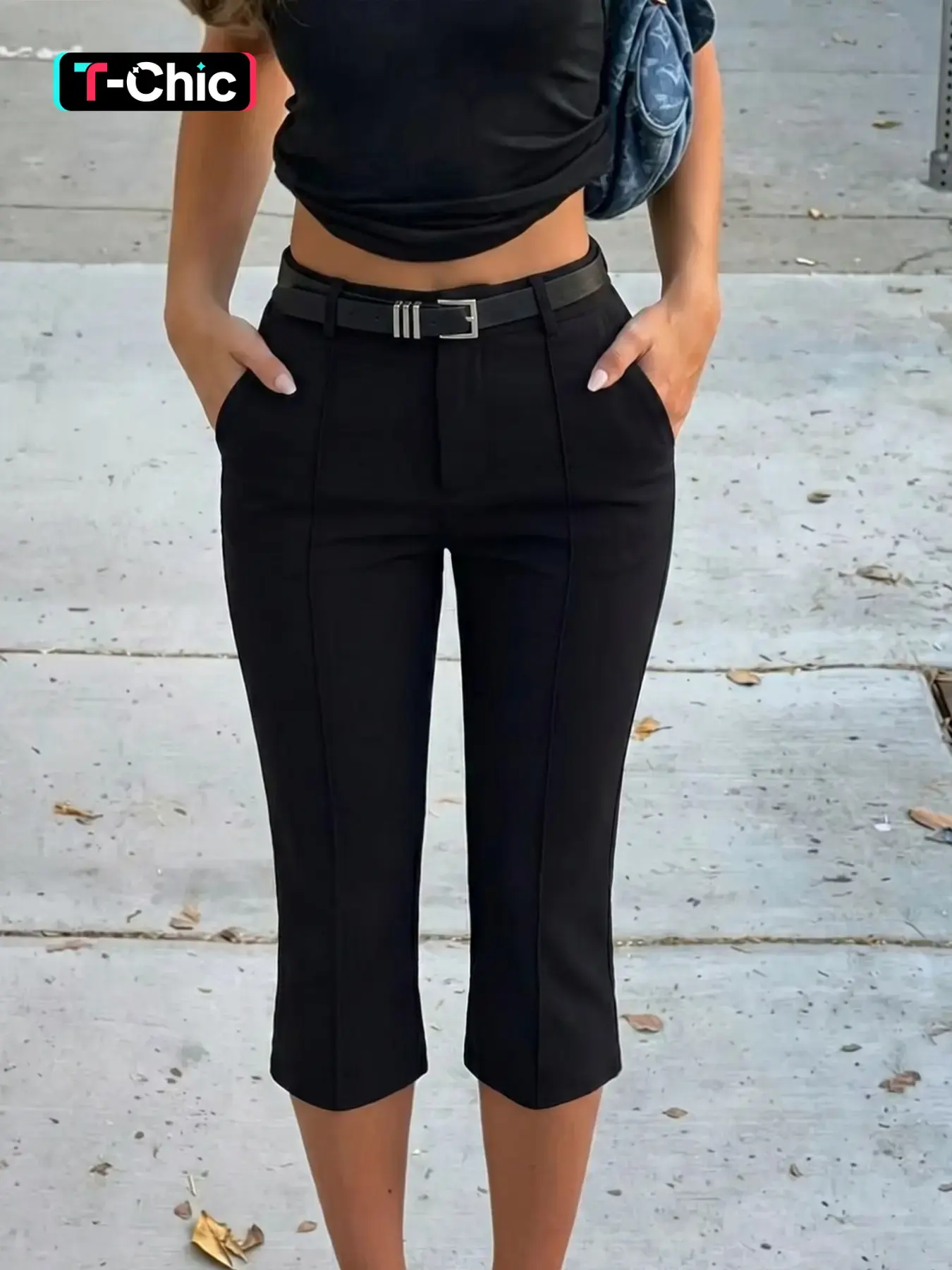 Black High Waist Capri Pants Women Belted Slim Fit Cropped Trousers Straight Leg Office Lady Casual Commuter Pencil Pants Elegant Chic Ankle Length Bottoms Casual Fashion Trousers