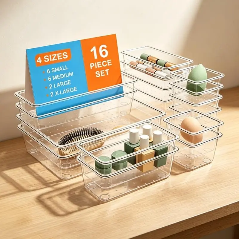 16-Piece Desktop Organizer Set, Drawer Storage Boxes, Transparent Plastic, Plastic Storage Organizers, Suitable for Desk, Vanity, Kitchen, 16-Piece and 25-Piece Options