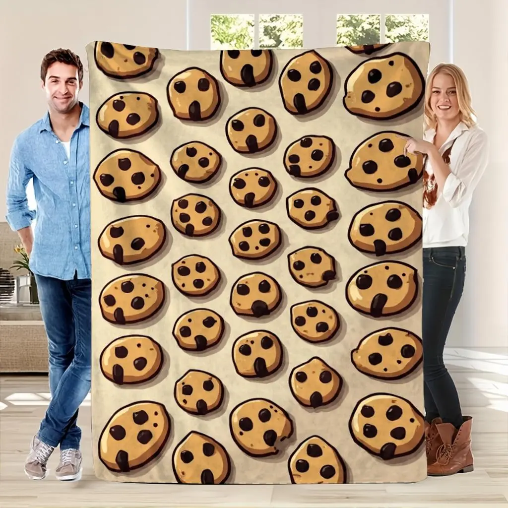 1Pc Cookie Blanket |   Soft Polyester Flannel Bedspread With Cute Cookie & Icing Drip Patterns - Machine Washable, Suitable For Nap, Camping, Travel & Car - Cozy Bedding Gift For Birthday, Christmas, Valentine'S Day - All Seasons