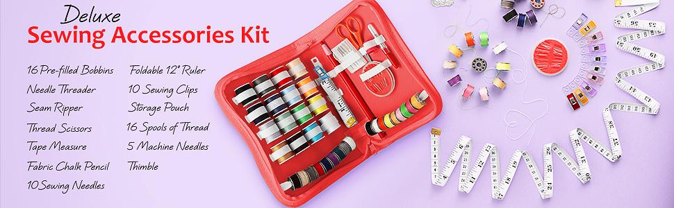 Mini Sewing Machine for Beginners, Dual Speed Small Sewing Machine for Kids and Adults with Extension Table, 122 Set Includes, Fabrics, Project Book and More, Red