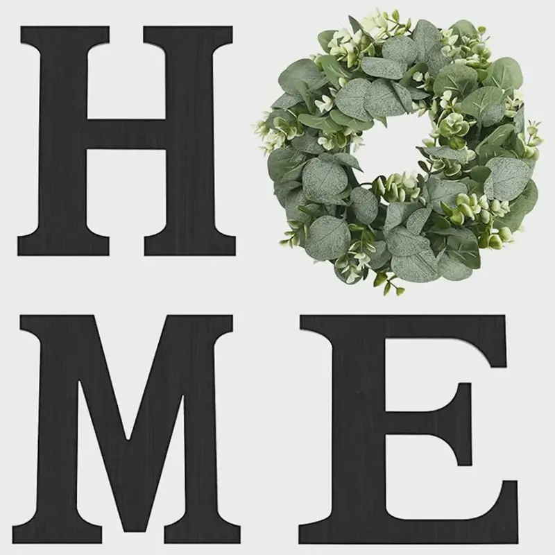 1 Set Wood Home Sign with Artificial Eucalyptus Wreath - Farmhouse Rustic Hanging Wall Decor, Wooden Letters Wall Art for Living Room Kitchen Entryway Housewarming Gift