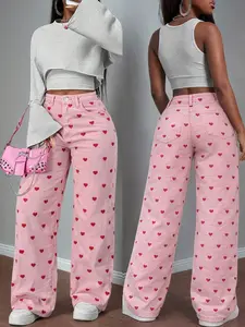 Heart All over Print Wide Leg Jeans, Washed Denim Material, Loose-Fit Mid Waist Long Pants, Casual Daily Wear for Women