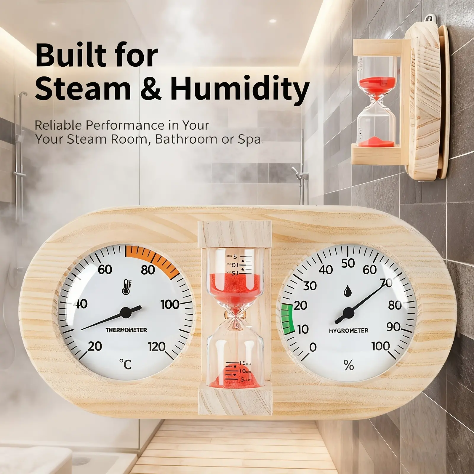 Three-In-One Sauna Humidity Meter with Sand Timer, Solid Wood Wall-Mounted, Ideal for Sauna Rooms, Steam Rooms, and Spas