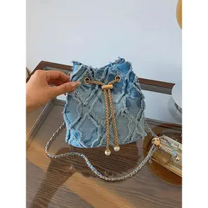 Faux Pearl Crossbody Bag for Women - Elegant Metal Drawstring Shoulder Purse, Trendy Chic Everyday Fashion Handbag