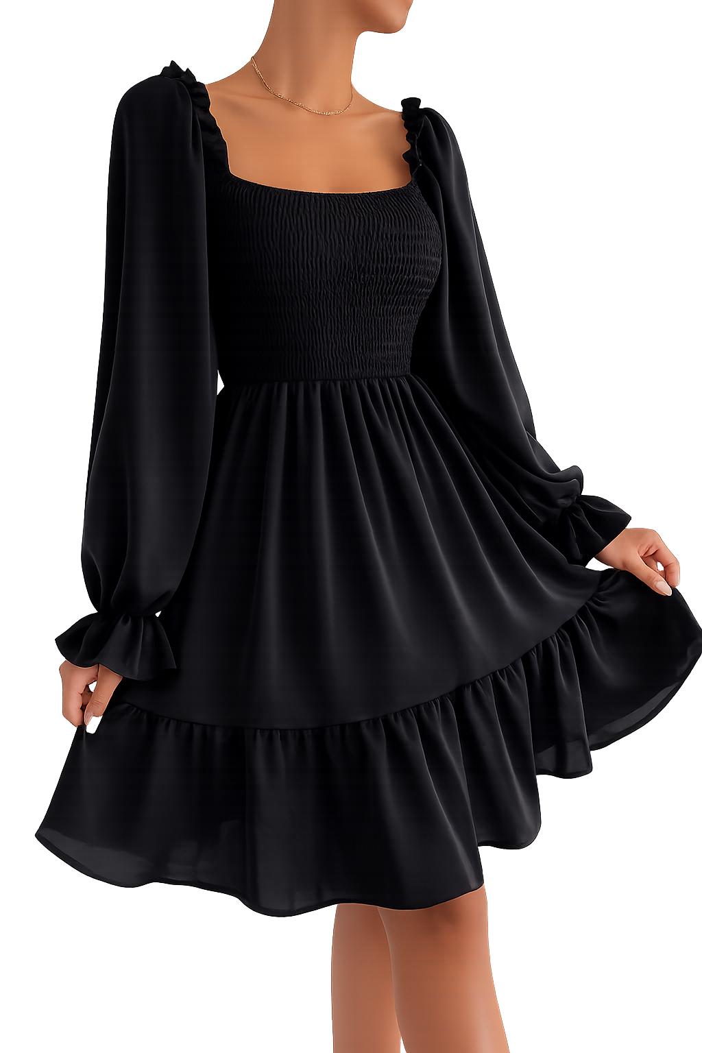 2026 Simple Square Collar Parallel Crepe Dress Body Frill Hem Skirt Dress