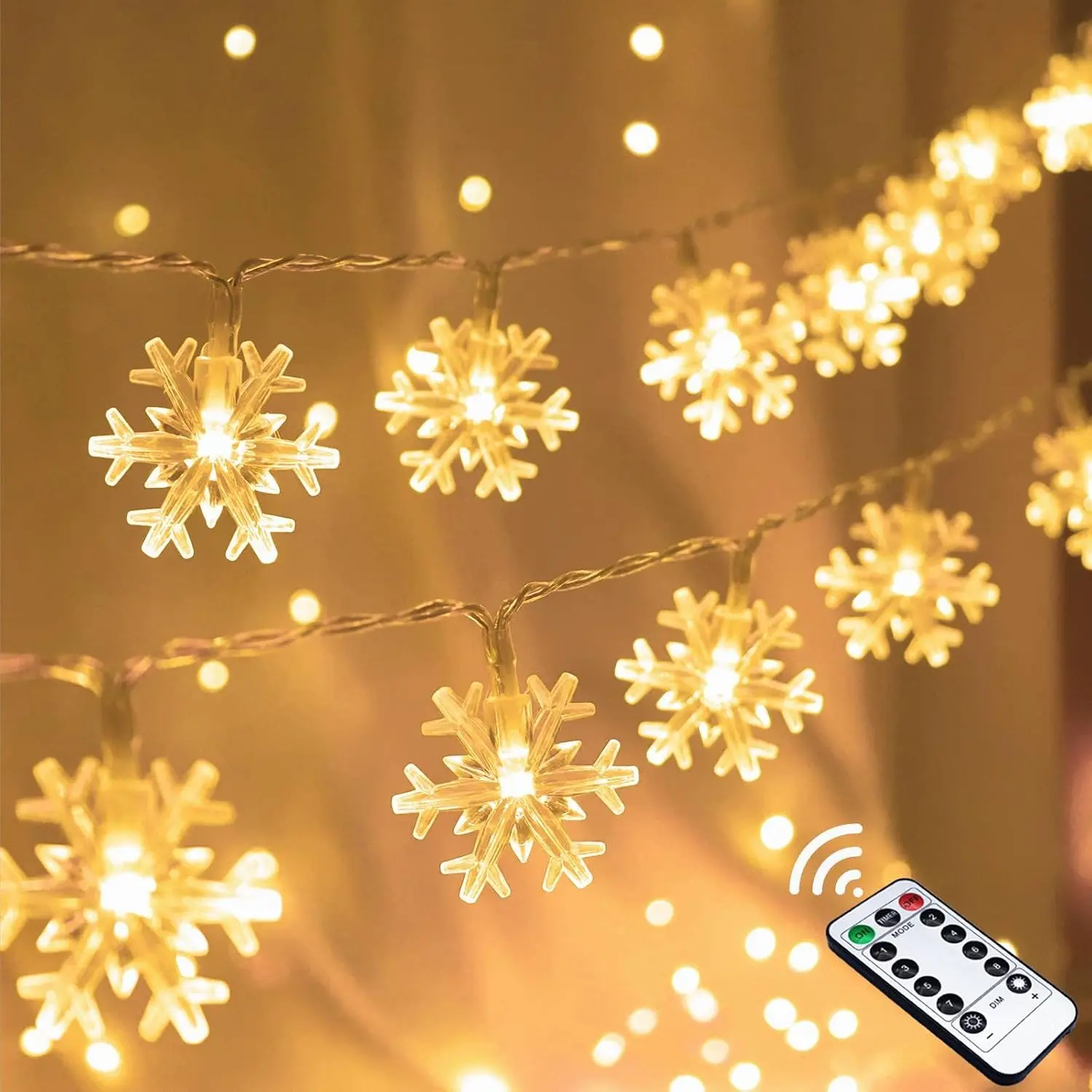 Christmas Snowflake Lights 20 ft 40 LED  Operated | 8 Modes Timer String Light With Remote,   Decor Room Party Indoor Outdoor Xmas Tree Decorations, Warm White