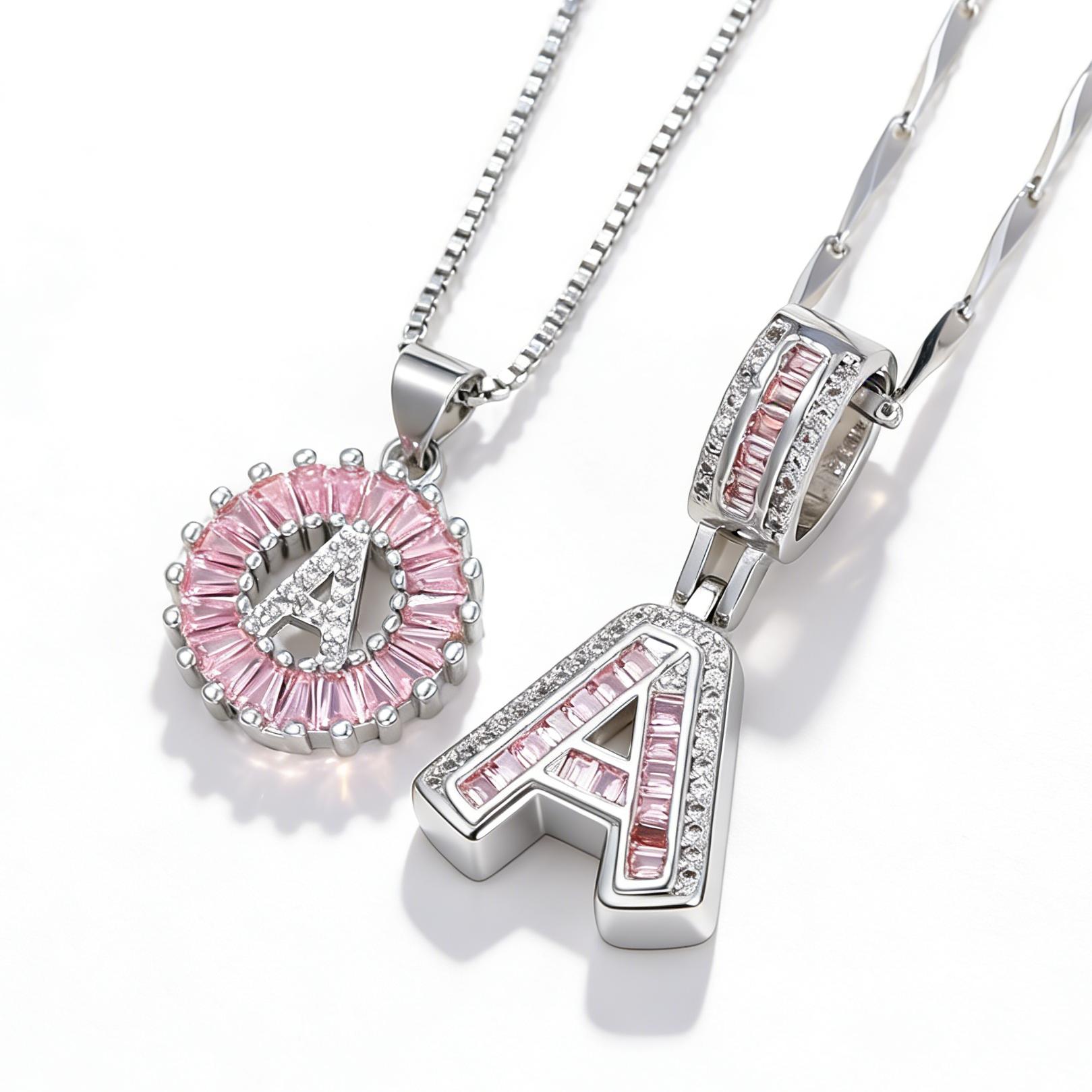 FAITHOPIA 2 Pack Initial Pendant Necklaces  Women, Pink Cubic Zirconia Alphabet Necklace Set, A-Z Letter Charm Jewelry, Dainty Layered Necklaces, Fashion Gift  Birthday, Party, Everyday Wear for