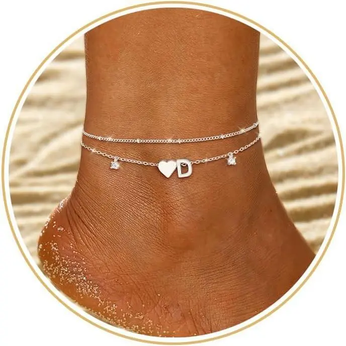 Silver Ankle Bracelets For Women 14k Gold Plated Initial Anklets For Women Waterproof Non Tarnish Dainty Layered CZ Letter A-Z Heart Charm Anklet Set Summer Beach Foot Chain Jewelry Gift