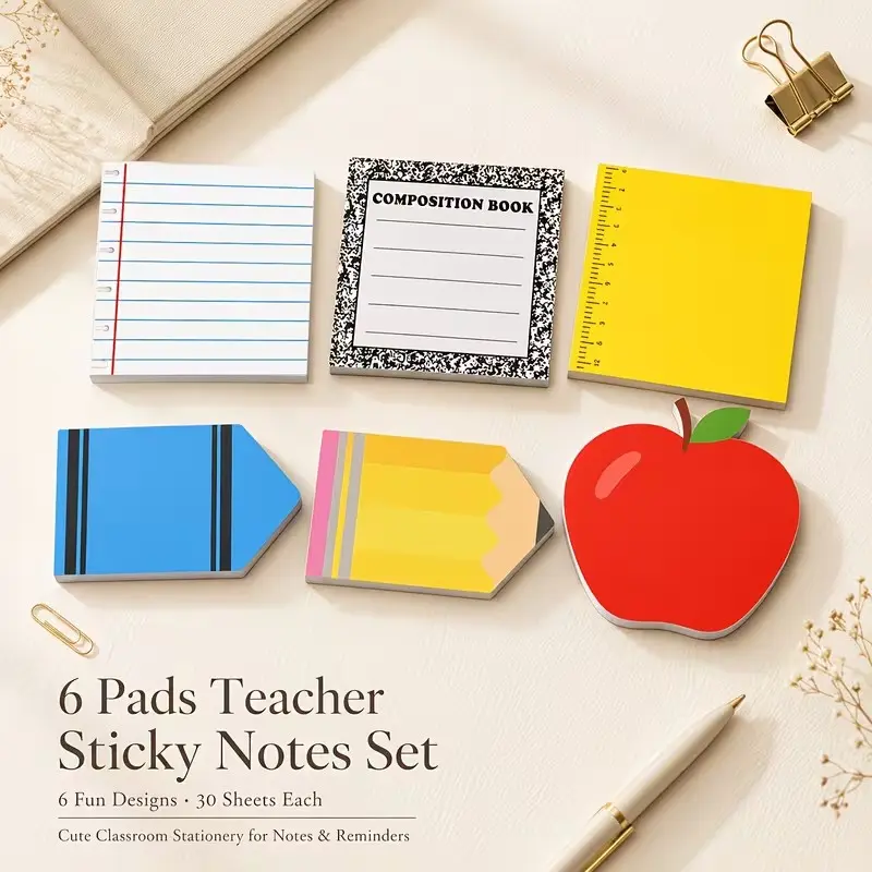 Teacher Sticky Notes Set for School and Office, 6 Pads 7.62x7.62 cm Cute Self Stick Notepads, Adhesive Memo Pads for Classroom, Student Rewards, Teacher Desk Supplies and Meeting Notes