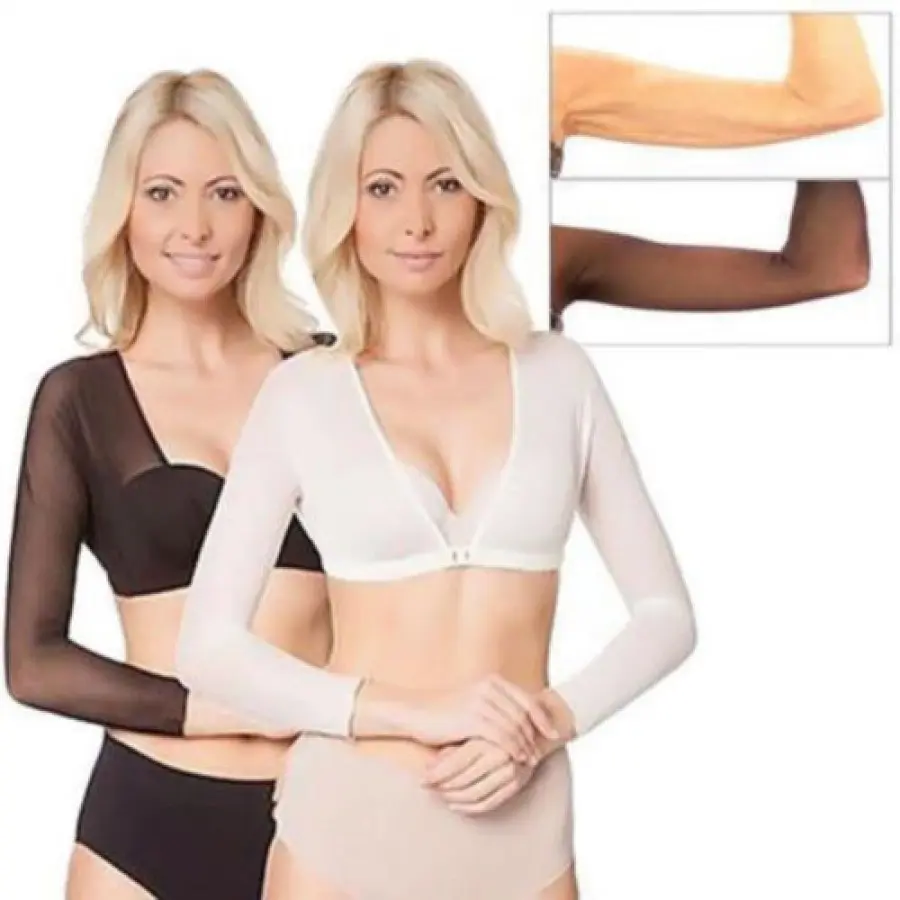 Women's Mesh See-through Cropped Tops, Seamless Arm Shaper Compression Long Sleeve Solid Blouse