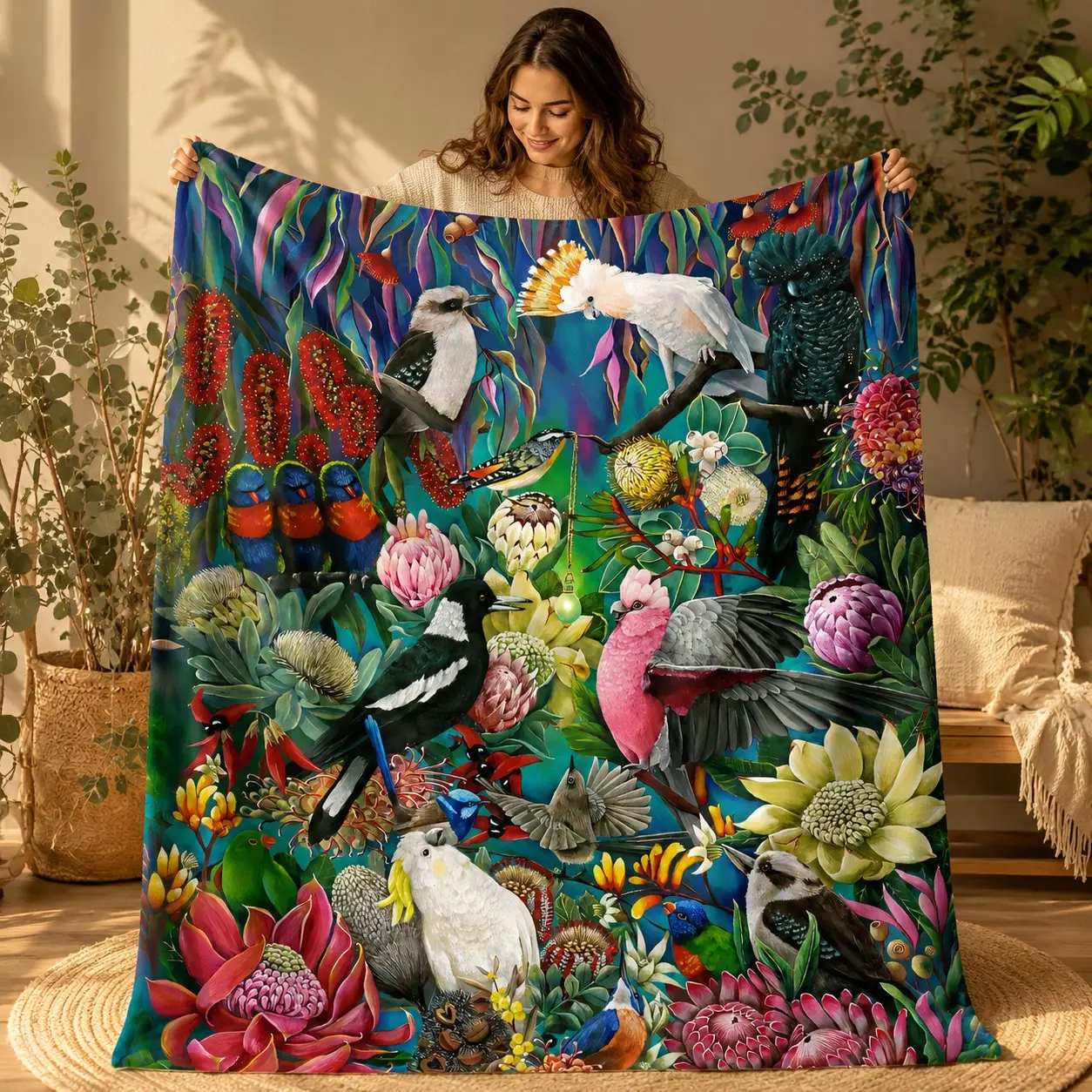 1pc Tropical Birds & Floral Themed Fleece Blanket, Parrots, Cockatoos, Small Birds, Tropical Flowers & Lush Green Leaves All-Over Print, Nature Jungle Painting Style. Soft Multi-use Throw for Sofa, Bed, Office, Camping, Perfect Christmas Gift.