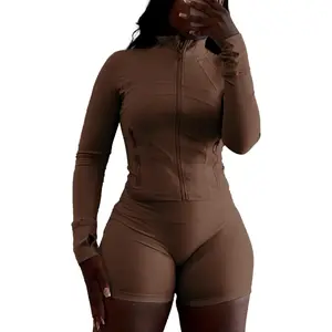 Women 2 Piece Outfits Tracksuits Sweatsuit Sets Long Sleeve Zip Up Running Jacket High Waist Shorts Set