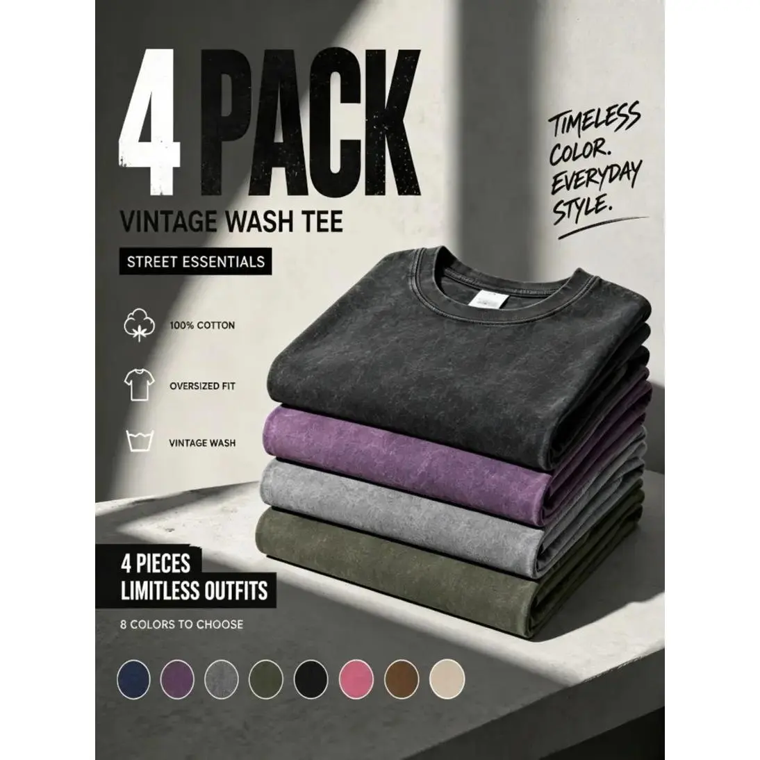 4 Pack Oversized Tshirts Unisex Gym Vintage Heavyweight T Shirts Cotton Workout Acid Wash Baggy Tees Streetwear Beige