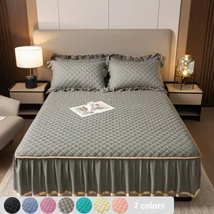 1 Pcs Hotel-Style Quilted Bed Skirt Fitted Sheet, Comfortable & Breathable, High-Elastic Full-Cover Mattress Protector, Dustproof, Stain-Resistant and Machine Washable, 11.8-Inch Deep Pocket, Fits Twin/Full/Double/Queen/King Beds