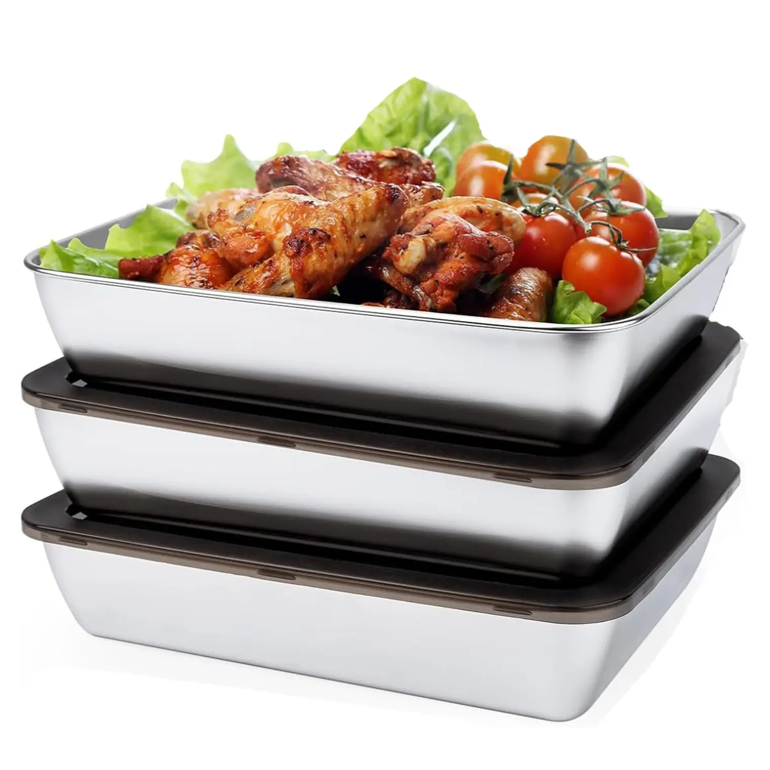 Stainless Steel Food Storage Containers, Reusable Freezer Containers, Refrigerator Bacon Rack, Set of 3 Refrigerator Containers with Lids for Cooked Meats, Cheese Containers, Ideal for Pantries, Lunches, Leftovers, Dishwasher-Safe, and Freezer-Safe