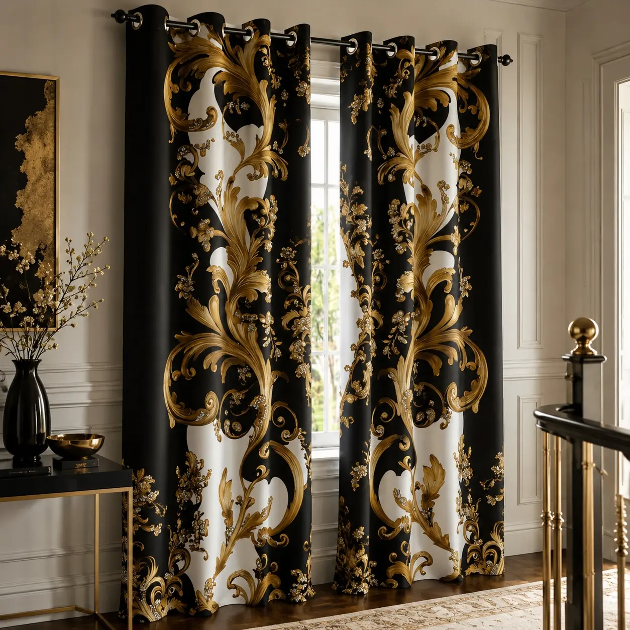 Baroque Gold Soft Polyester Semi-Blackout Curtains - Ornamental Leaf Print, Dustproof, Fade Resistant, Durable, Machine Wash Drapes for Living Room, Cafe Decor