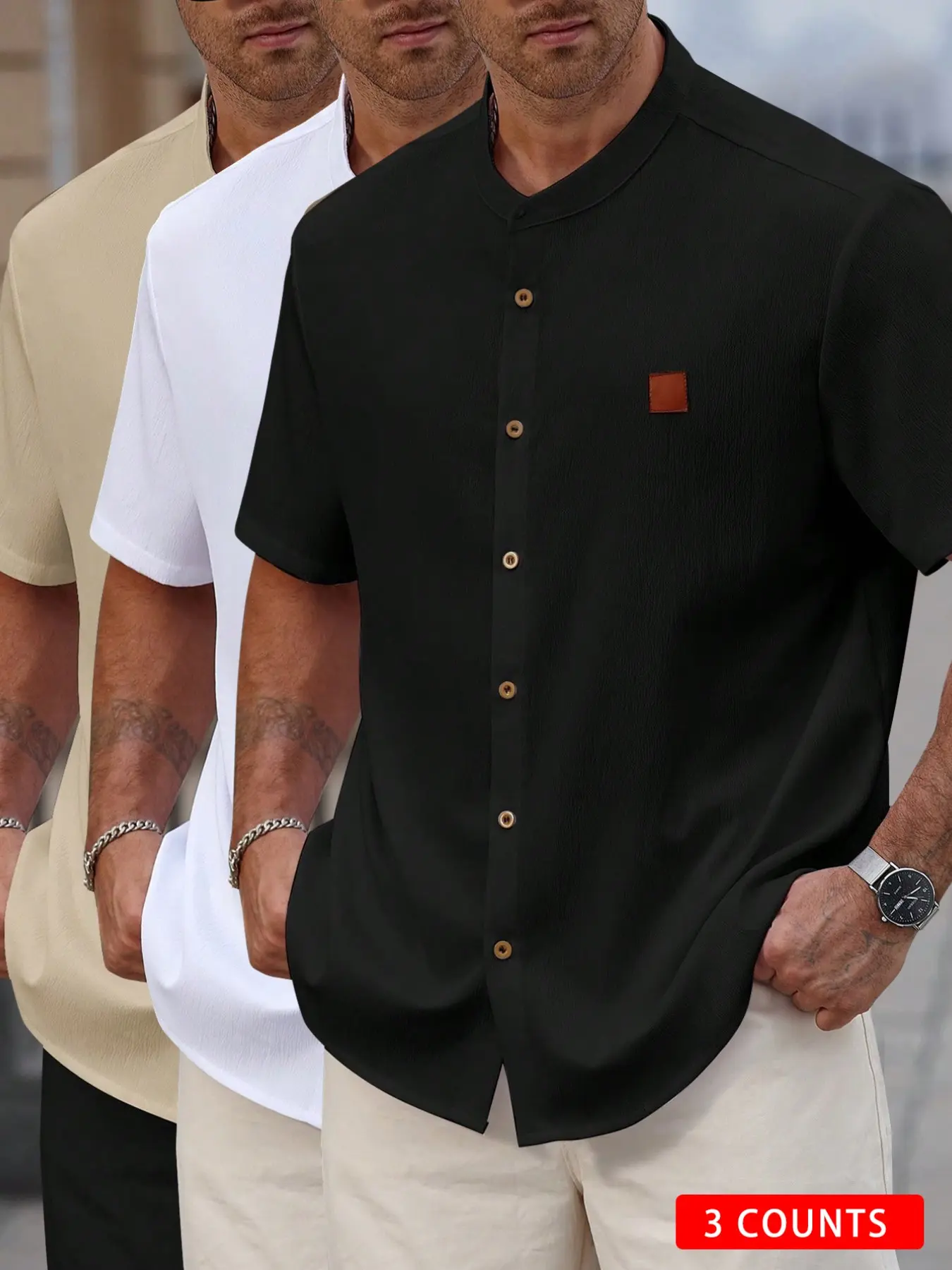 3-Pack Plus Size Men's Stand Collar Short Sleeve Casual Shirts, Casual Collared Shirt, Summer Textured Button-Up Tops, Comfortable Daily Wear Vacation Shirts