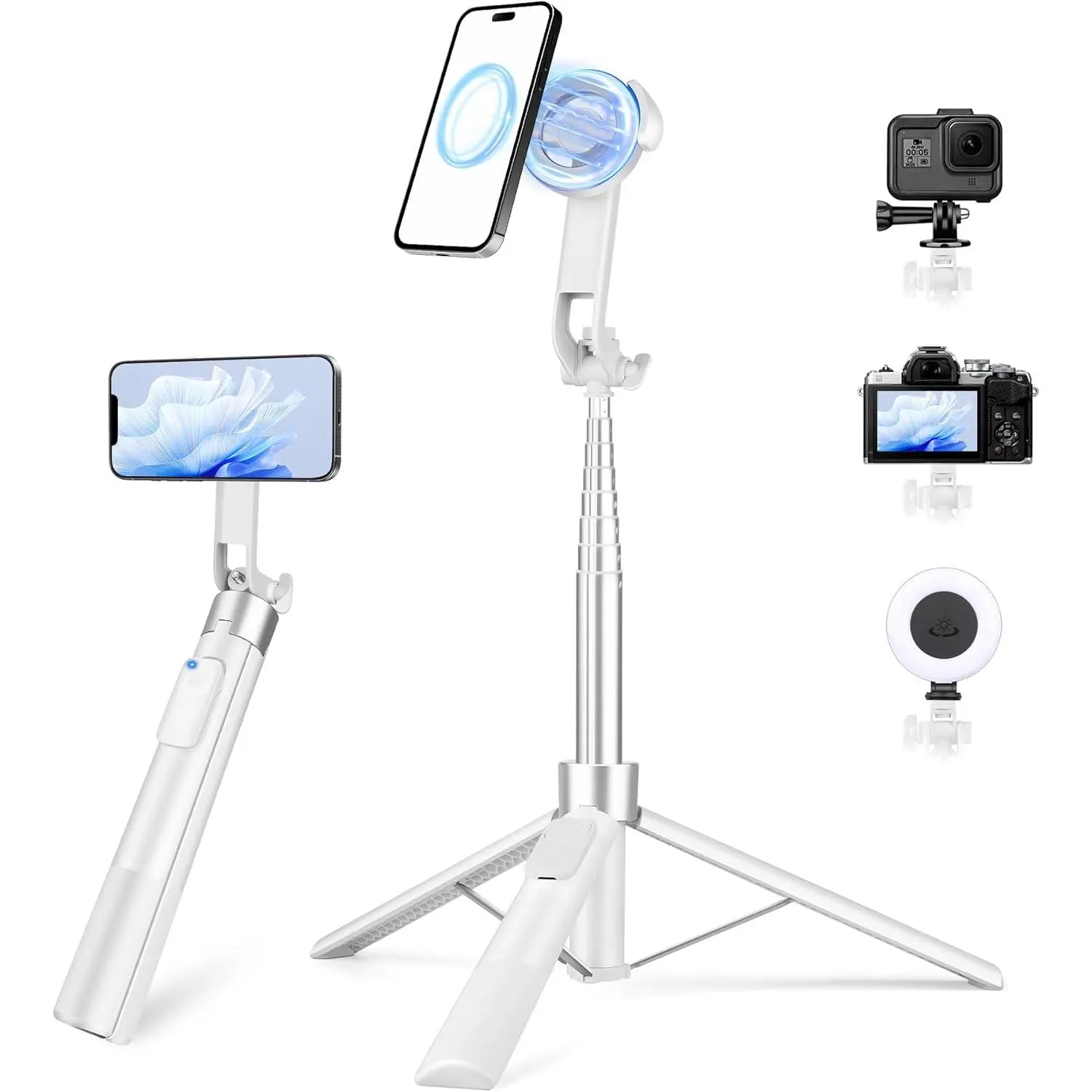 70" Magnetic Tripod iPhone Magsafe, Extendable Selfie Stick Tripod with Rechargeable Remote & Magnetic Holder, 360 °   Rotatable Cell Phone Tripods Stand Video Recording & Content Creation