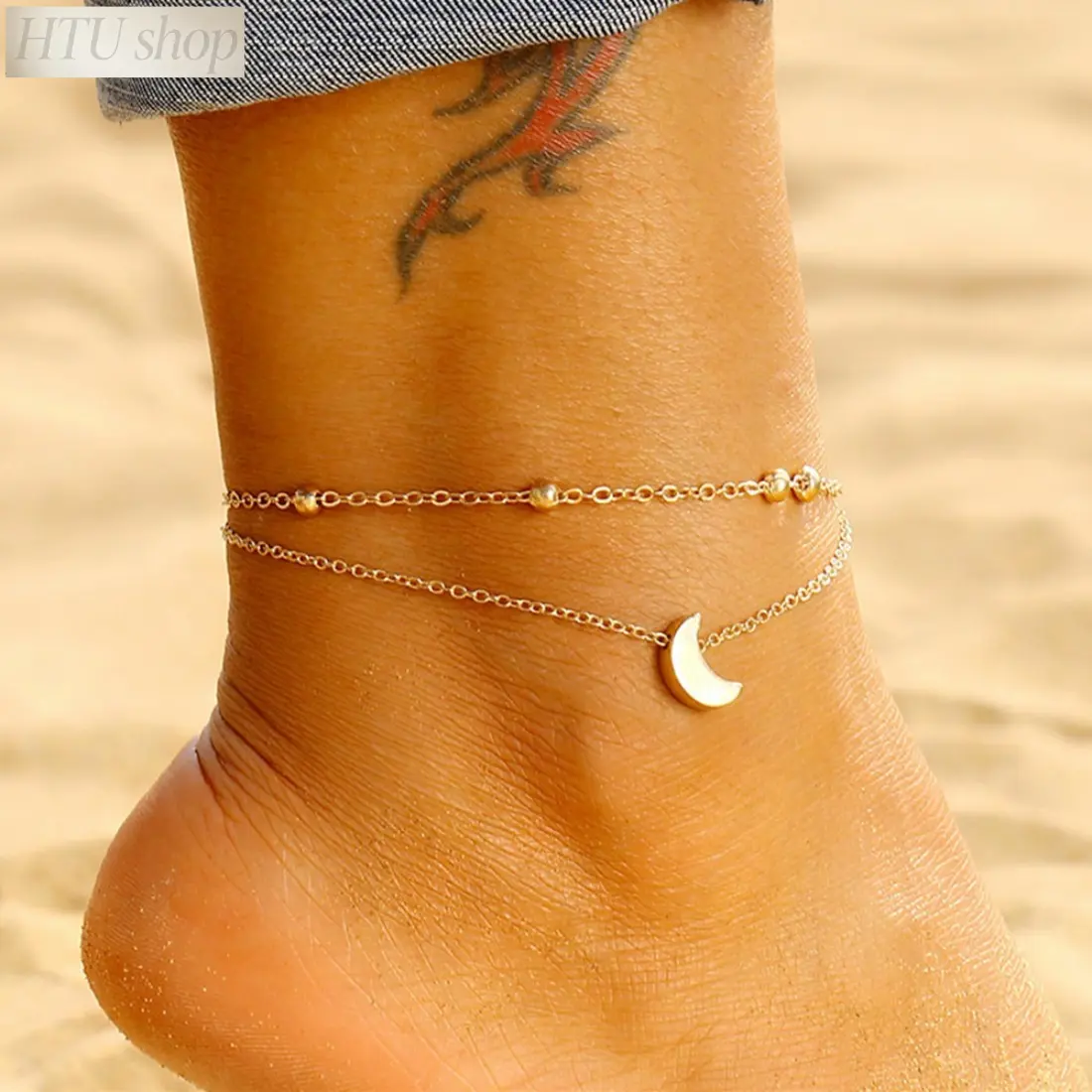 Boho Crescent Moon Anklet for Women, Adjustable Celestial Charm Beach Anklet, Layered Moon Pendant Foot Jewelry, Summer Vacation Resort Jewelry, Trendy Festival Beach Accessories
