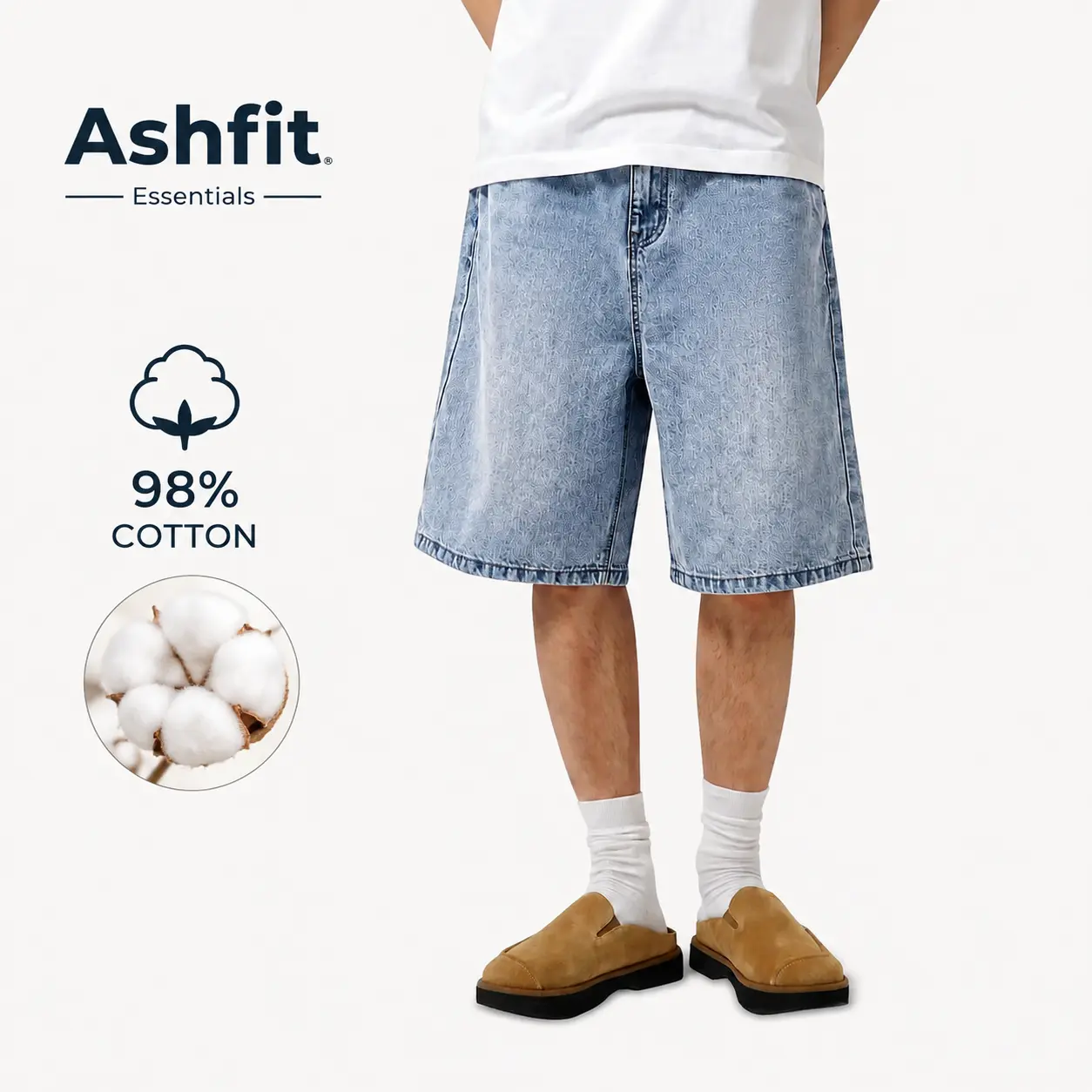 Men's Washed Denim Shorts, 98% Cotton Loose Fit Straight Leg Jean Shorts, Casual Summer Streetwear Shorts, Comfortable Everyday Washed Jeans, Zipper Fly Natural Waist Casual Bottoms, Vintage Style