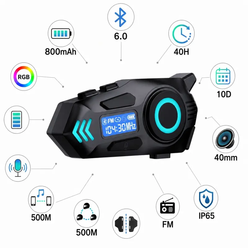 Motorcycle Helmet Bluetooth Headphones, Multi-Rider Intercom Headset with 40mm Speaker, Digital Display and Ambient Light