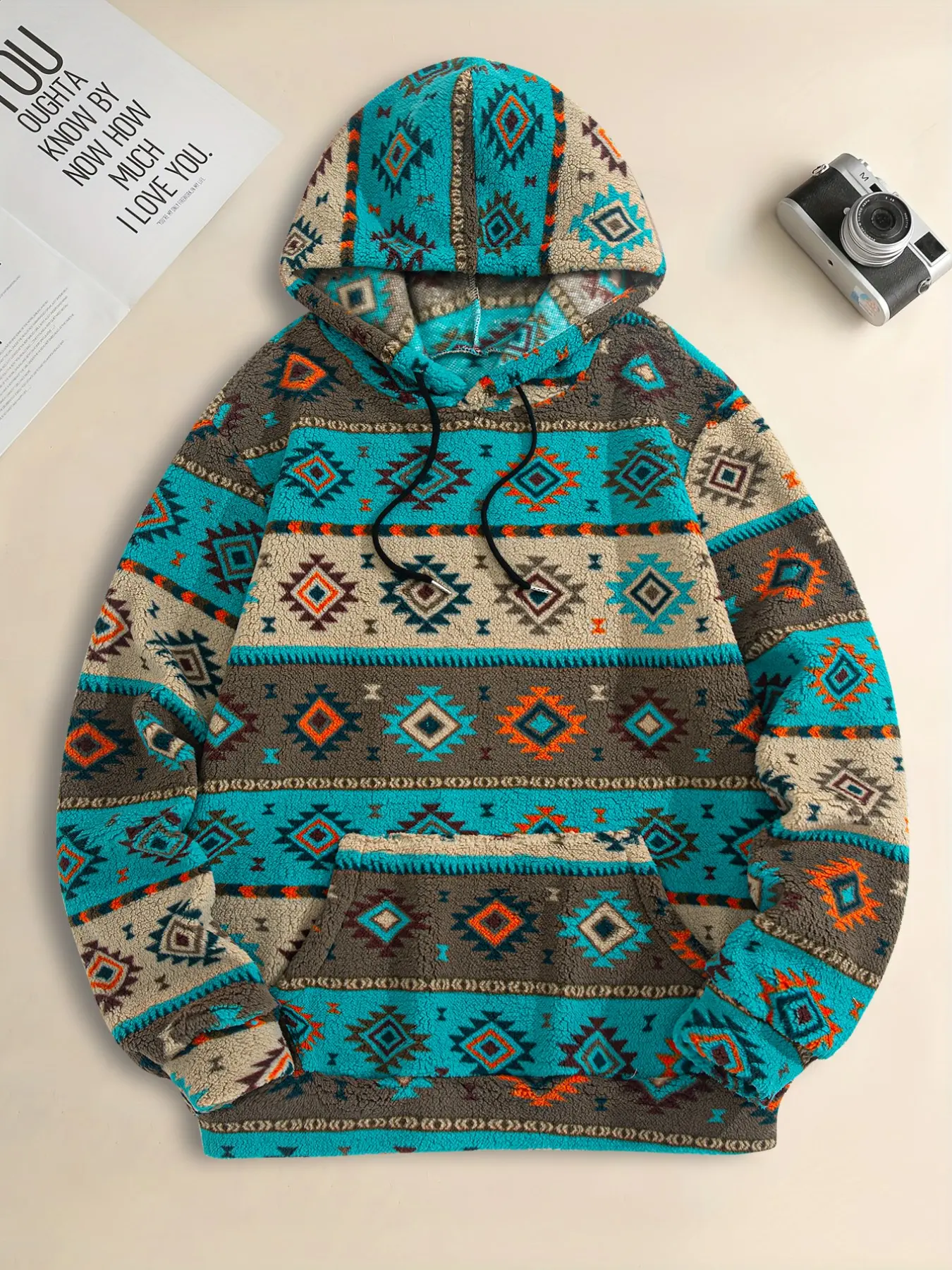 Men's Retro Navajo Aztec Tribal Fleece Hoodie, Ethnic Geometric Print, Fluffy Drawstring Sweatshirt, Long Sleeve, Casual Street Winter Pullover