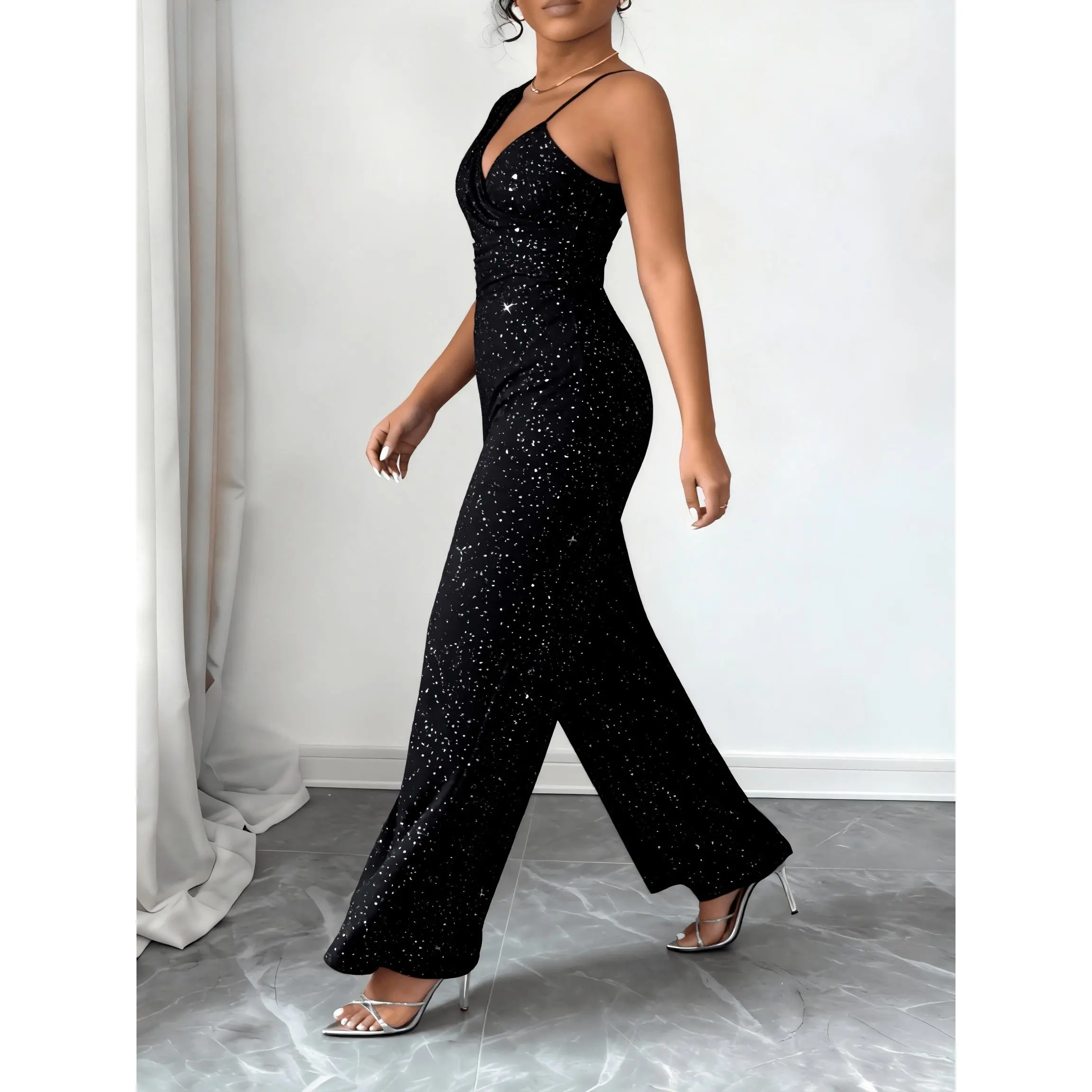 2026 New Jumpsuit, Highlight Silvery Foil Fabric with Draping Effect, Skin-Friendly, Asymmetrical Design, Banquet Gown, Elegant and Graceful Jumpsuit