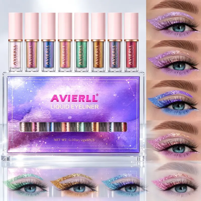 8Pcs Glitter Color Liquid Eyeliner Set, Thin Tip Waterproof Smudge-proof Shimmer Dual-use Eyeliner & Eyeshadow, Multi Shades Glitter Stage Makeup Lying Silkworm Highlight Liquid