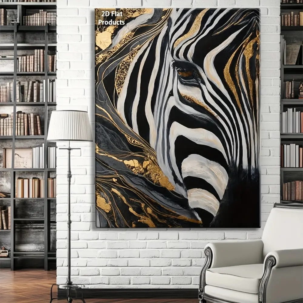 2D Flat, 1Pc Abstract Golden Edge Zebra Canvas Poster, Living Room Wall Decoration/Room Decoration/Home Decoration