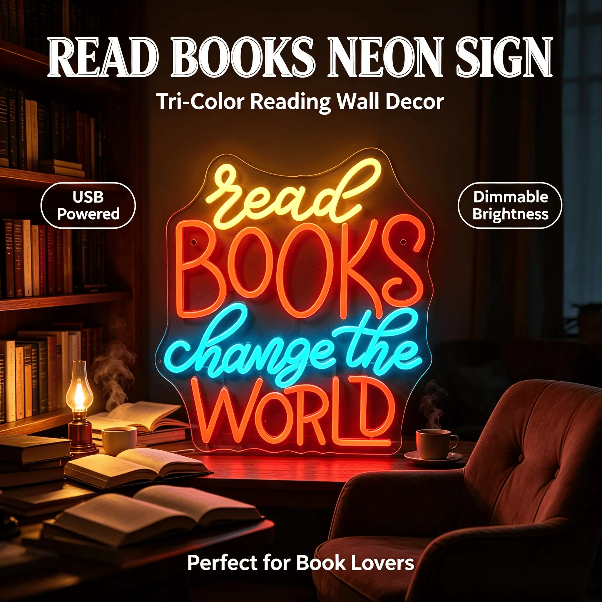 "Read Books Change the World" Contemporary Plastic LED Neon Sign, Yellow-Red-Blue Tri-Color, USB-Powered Dimmable, Indoor Wall Decor for Book Lovers, Reading Nook Gift, Usb Power