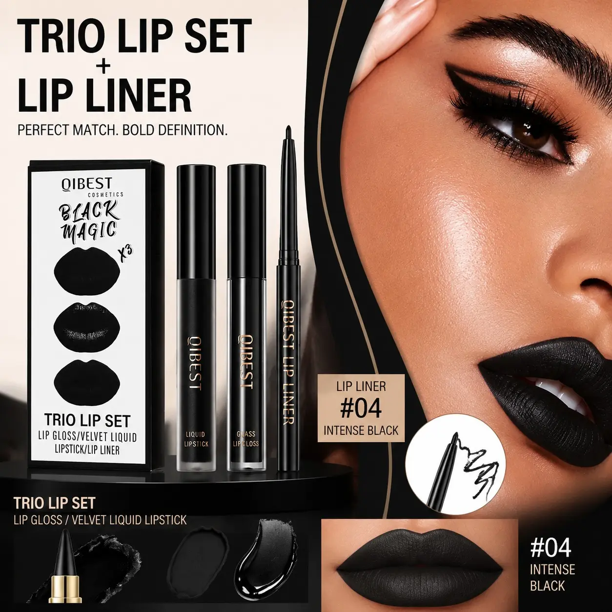 4-Piece Lipstick Eyeliner Set, Lip Liner & Lipstick Kit, Long-Lasting Waterproof Matte, Gothic Makeup for Halloween, Body Art, Party Accessories