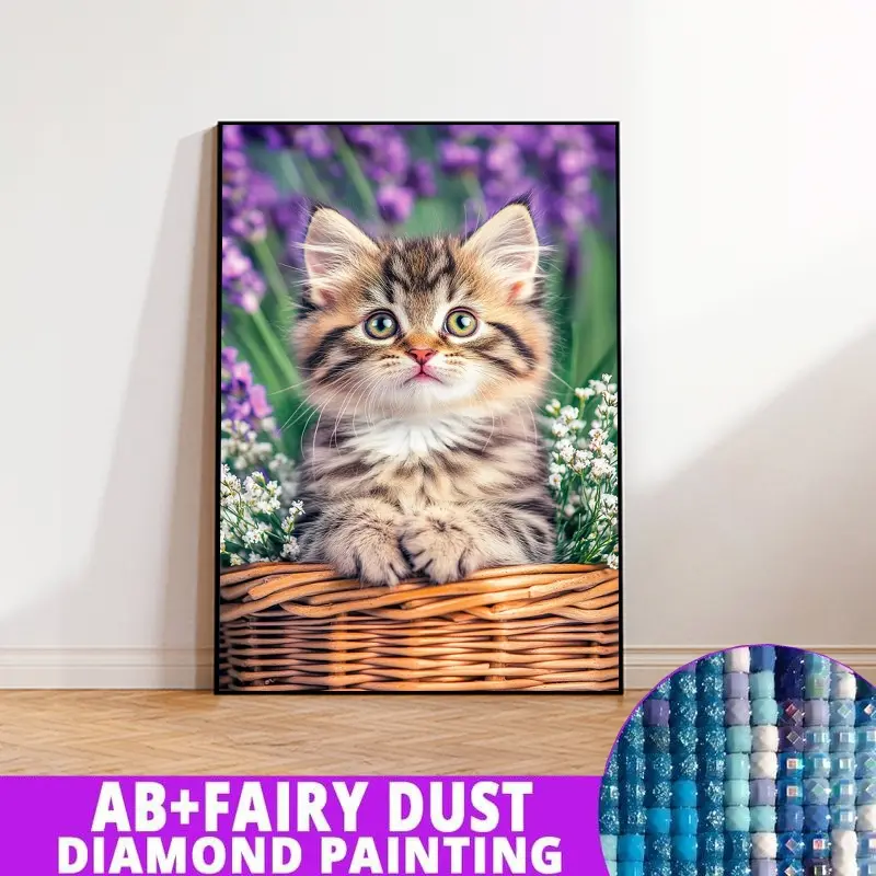 1PC framedless 5D Diamond Painting Kit-Adorable Kitten in a Basket with Flowers Adorable Kitten in a Basket with Flowers -Ornament Decorations for Home Resin Diamonds, AB Diamonds & Fairy Dust, Perfect for Adult Diamond Lovers,Holiday Gift
