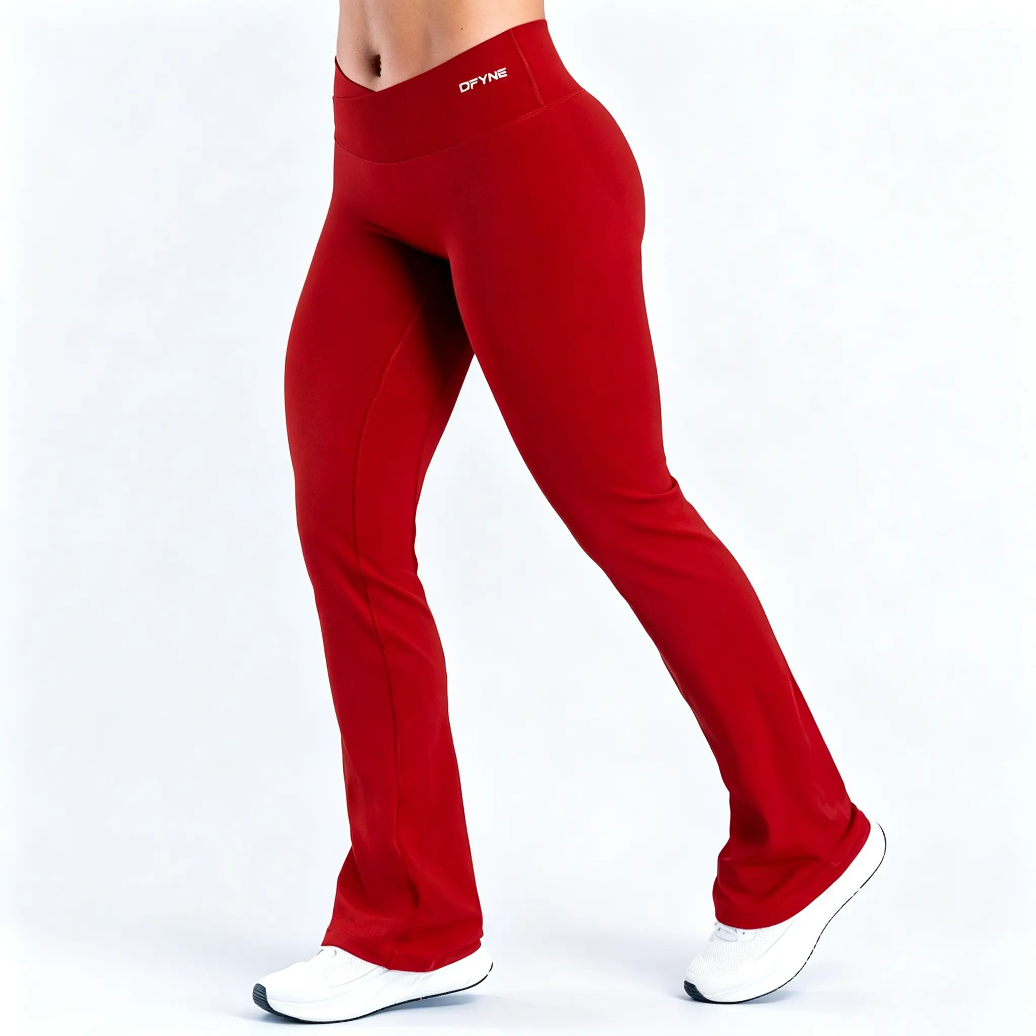 Dfyne Women's V-Front Flared Yoga Pants, Seamless High Waist with Tummy Control, Fitted Breathable Nylon with Anti-Roll Grip