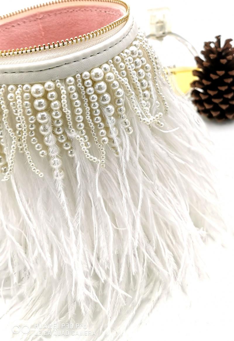 2026 Fashionable Light Luxury Pearl Tassel Feather Bag Round Barrel Single Shoulder Handbag Crossbody Bag