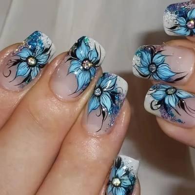Foreign Trade Hot-Selling 24-Piece Nail Art High-End Fashion Simple Rhinestone Collection Butterfly Flower Cow Wearable Nails Wholesale