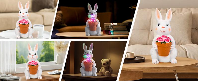 Solar Outdoor Garden Statues- Rabbit with Flowers and 5 Colorful LED Lights, 11.8IN Outdoor Figurine Lights, Solar Garden Bunny Decor for Patio, Unique Gifts for Mom, Birthday, Housewarming