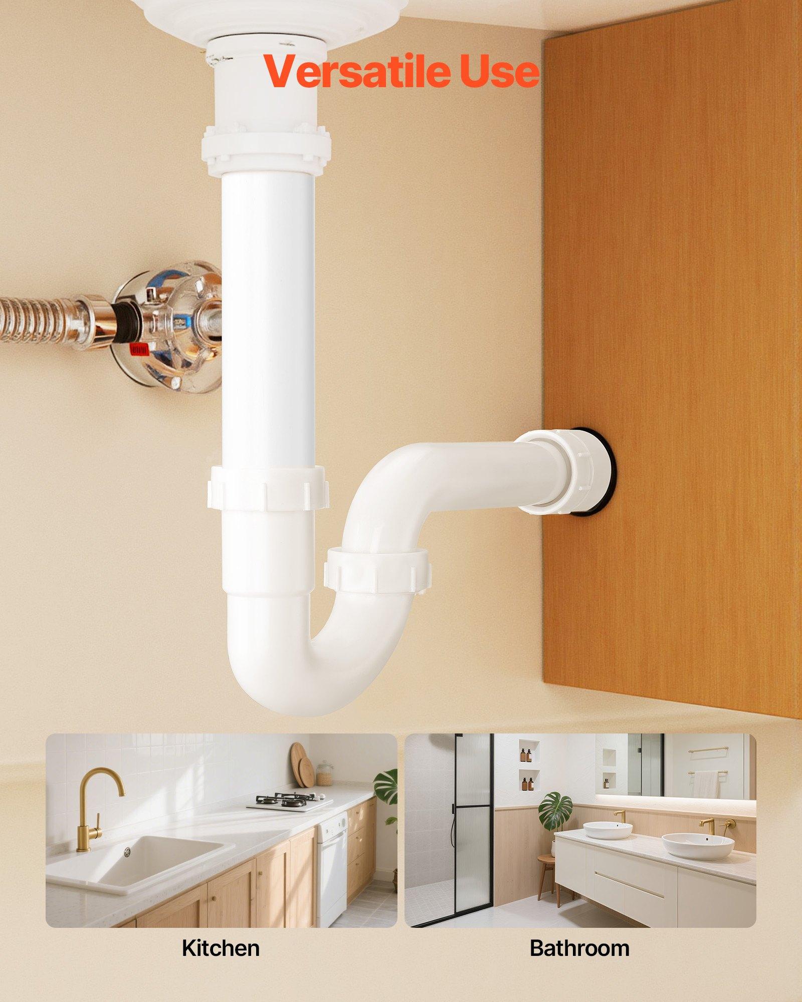 VEVOR P-Trap, 1-1/2 Inch P Trap Sink Drain Pipe Kit with Threaded Adapter and TPU Leak-Resistant Washers, PP Plastic Pipe Basin Waste Kit, Under Sink Plumbing for Kitchen Bathroom Sewer Drain, White VEVOR P-Trap, 1-1/2 Inch P Trap Sink Drain Pipe Kit with Threaded Adapter and TPU Leak-Resistant Washers, PP Plastic Pipe Basin Waste Kit, Under Sink Plumbing for Kitchen Bathroom Sewer Drain, White