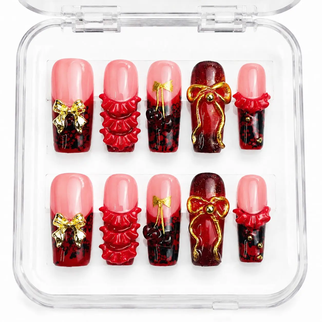 Women's 10Pcs Handmade Medium Square Press-On Nails Set - Y2K Statement Look, Pink Wine Red French Fake Acrylic Nails with Kawaii Gold Bow, 3D Ruffle Frill, Cherry Charms, Glossy Reusable Manicure Prep Tools for Daily, Party Use