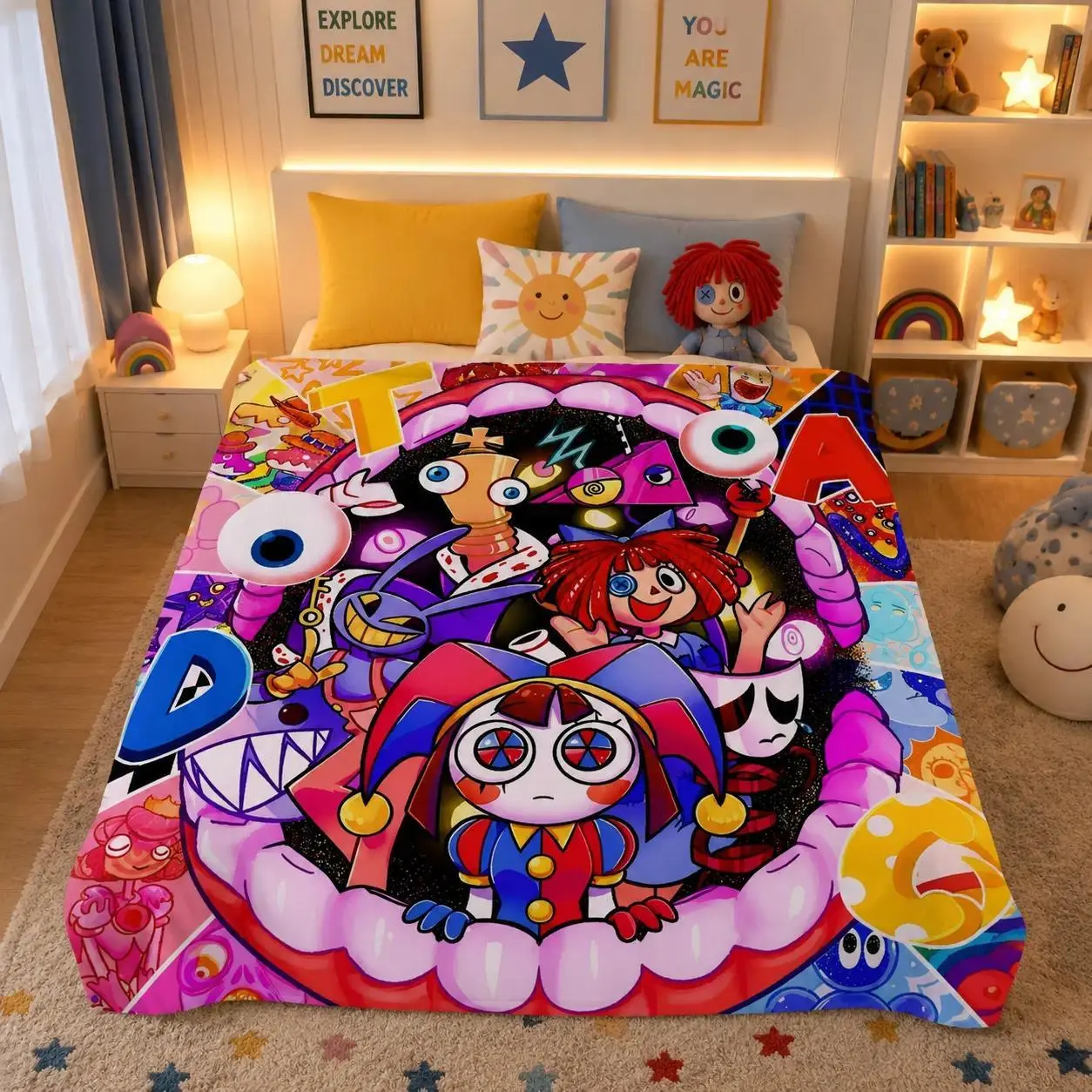 Super Warm The Amazing Digital Circus Anime Flannel Throw Blanket, Vibrant Full Pomni Jax Ragatha Character Print Lightweight Airplane Travel Blanket, Multi-Purpose Flannel Bedspread Cover For Couch Sofa Bed Office Nap Camping