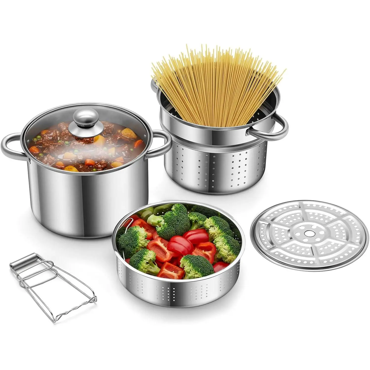 Stainless Steel Pasta Pot 6- 10 Quart Cooker Steamer Stock Pot Cookware Set Multipots with Strainer Insert for  Kitchen