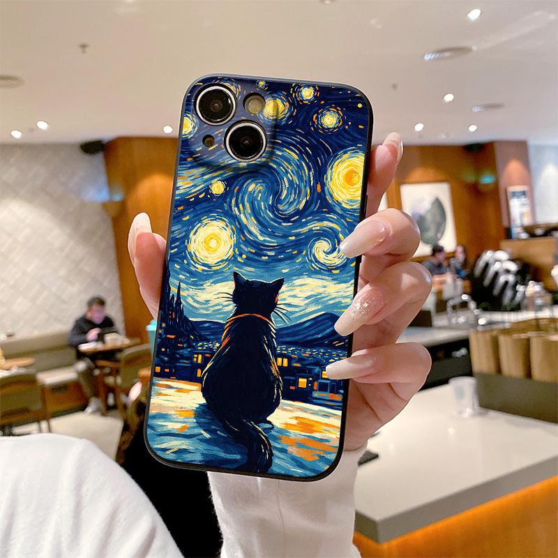 Phone Case - Matte Frosted Phone Case, featuring a scene of a black cat gazing at a starry sky in a village, compatible with iPhone models from 17 to 11 and X series. It has a liquid simulation texture, is skin-friendly and fingerprint-resistant